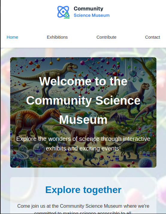Screenshot of the Community Science Museum homepage